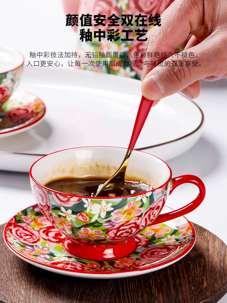 European coffee cup high value 220ml household hand-painted ceramic light luxury afternoon tea cup and saucer set 2025 new