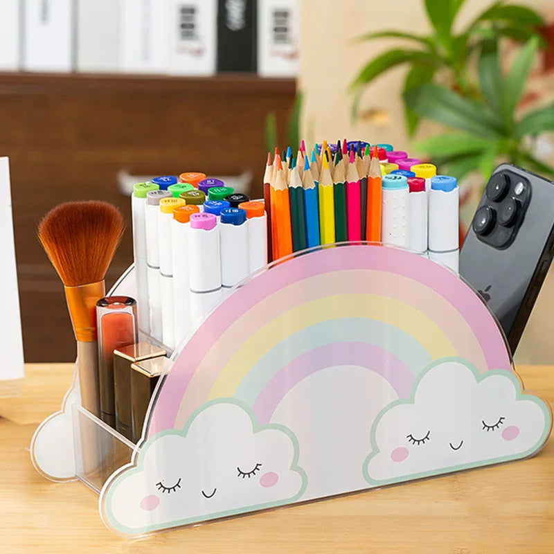 INS style cute rainbow pen holder storage box, high-value acrylic stationery miscellaneous storage bucket barrel, large capacity student multi-functional stationery shelf pen holder