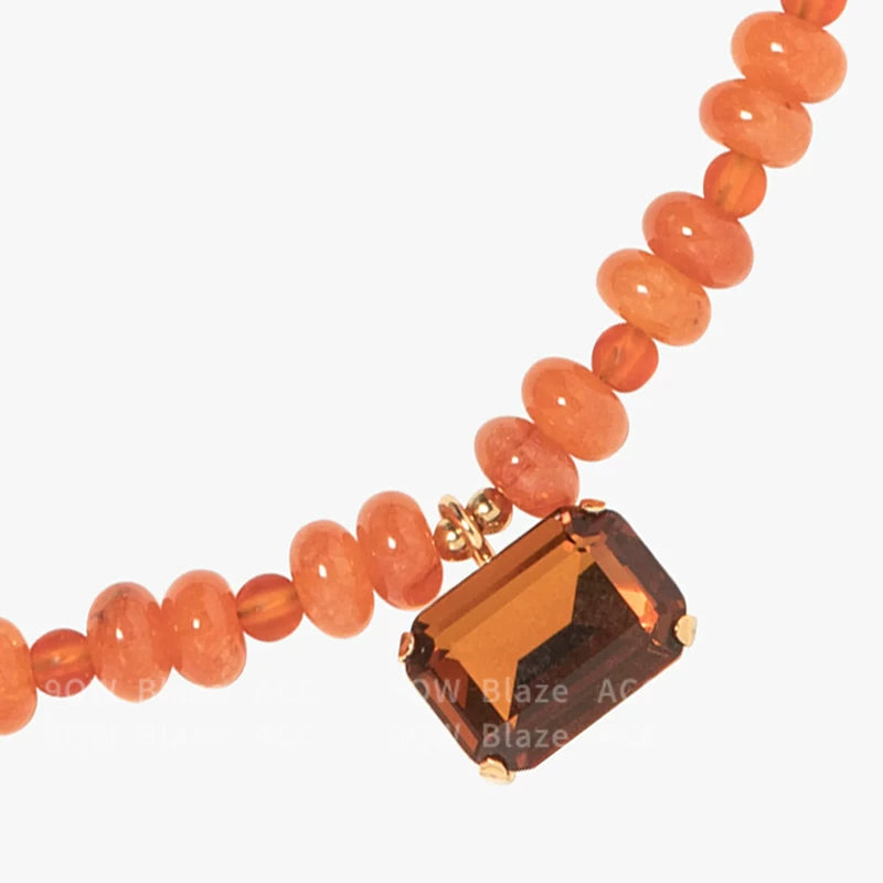 9QW Maillard color orange chalcedony beaded clavicle chain women's high-end trendy cool square translucent pendant necklace