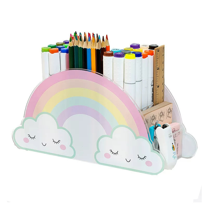 INS style cute rainbow pen holder storage box, high-value acrylic stationery miscellaneous storage bucket barrel, large capacity student multi-functional stationery shelf pen holder