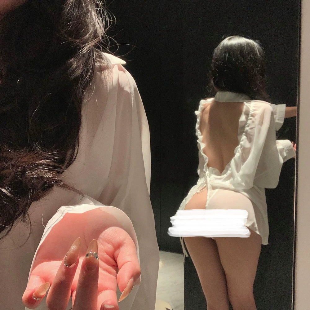 Coco Witch, Sexy Boyfriend Shirt, V-Neck, Thin Sheer, Backless, Contrasting Nightdress, Pure Desire, Free from Scheming