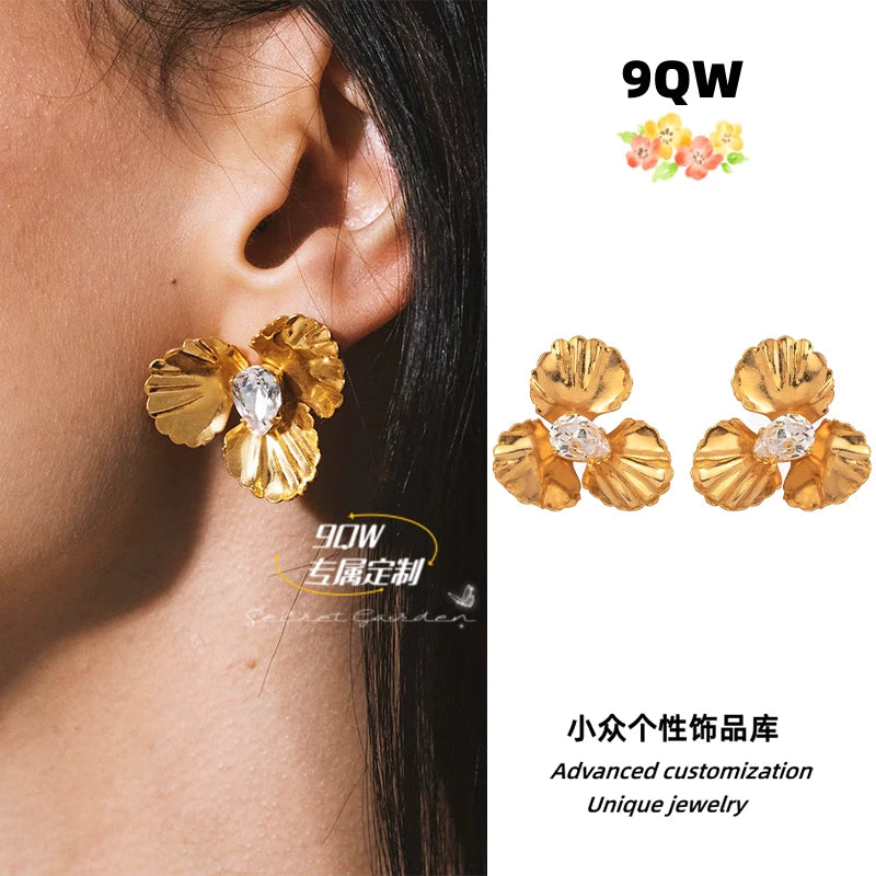 9QW European and American high-end flower gemstone niche earrings personality light luxury earrings stud earrings fashion and versatile women