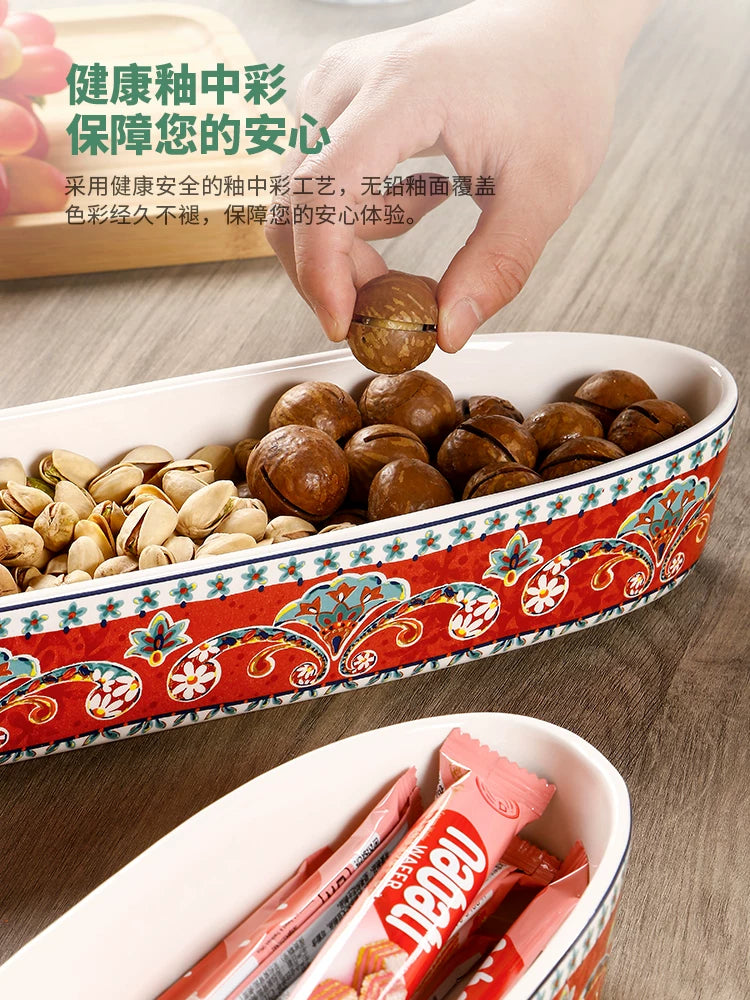 OMK French Oval Plate Creative Ceramic Bread Plate Dried Fruit Snack Plate for Home Personality Vintage Long Dinner Plate