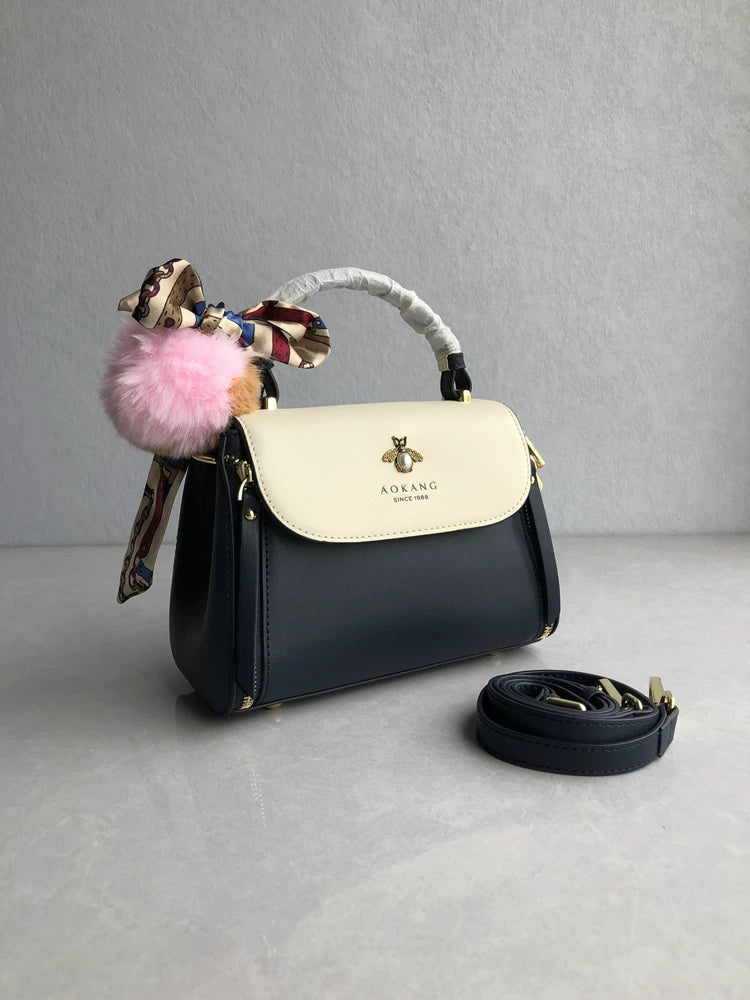 2024 new women's bag hand-held crossbody bag leather cowhide high-end fashion versatile contrast light luxury shoulder bag