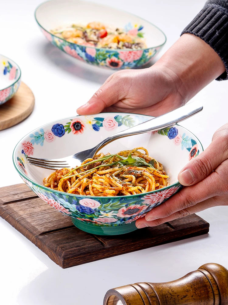 Light luxury retro flower art ceramic bowl household high value 8 inch powder salad bowl ins style tableware