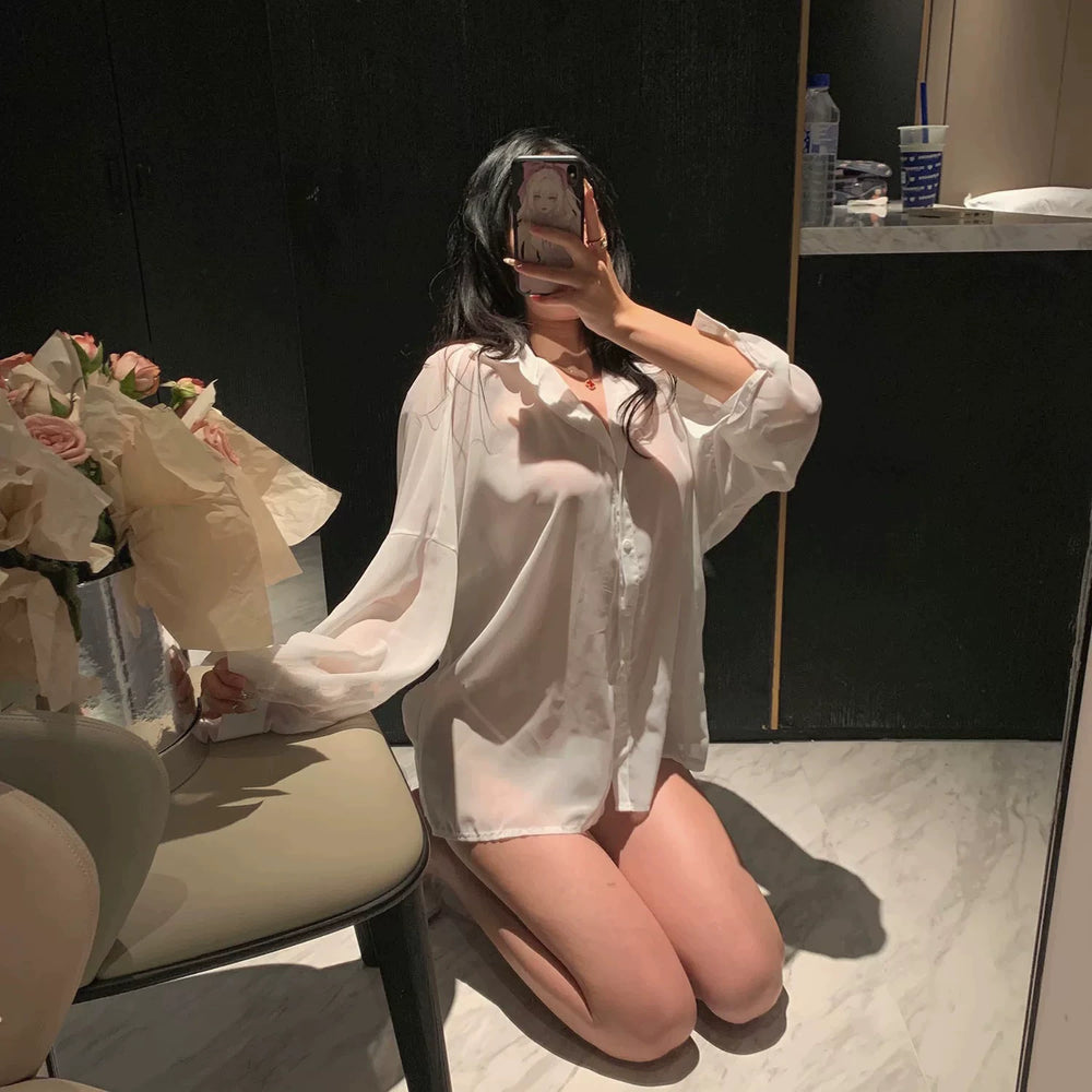 Coco Witch, Sexy Boyfriend Shirt, V-Neck, Thin Sheer, Backless, Contrasting Nightdress, Pure Desire, Free from Scheming