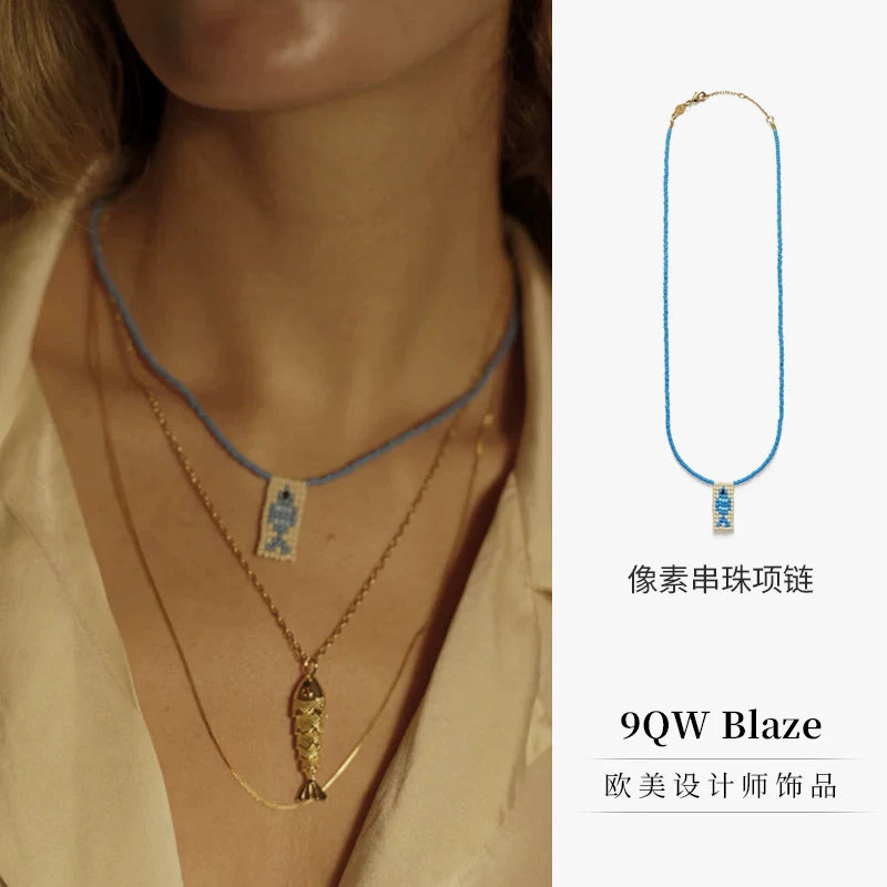 9QW European and American pixel retro style necklace sweet cool trendy play handmade beaded necklace layered versatile collarbone chain necklace