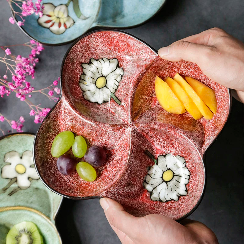 OMK Japanese Ceramic Tableware Compartment Plate Creative Home Four-Compartment Plate Dried Fruit Platter Snack Plate Side Dish Plate