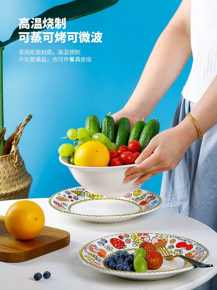 OMK Creative Ceramic Fruit Bowl High Value Strawberry Bowl Home Living Room Fruit Tray Drainer Set Cute Cartoon