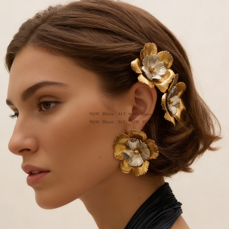European and American retro two-color three-dimensional flower hair accessories, metal versatility, trendy women's contrasting hairpins, flower temperament hairpins