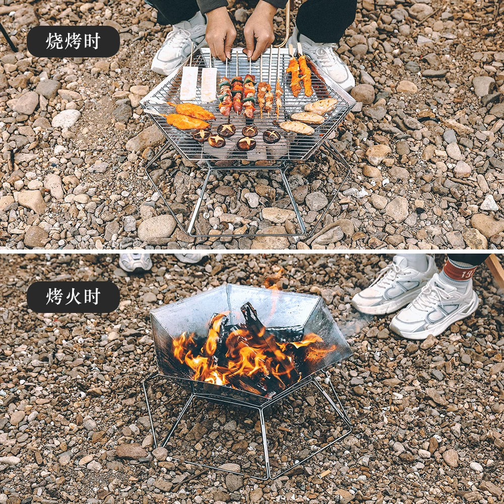 Outdoor camping hexagonal folding barbecue stove wood stove fire station multifunctional charcoal stove barbecue grill folding portable