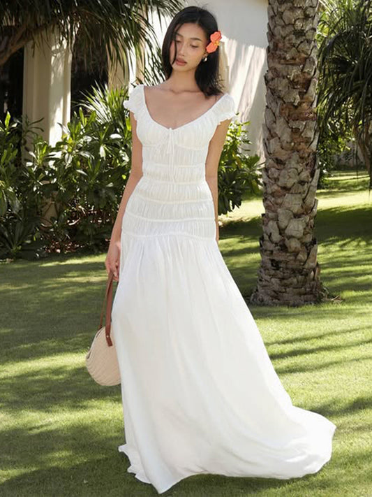 White resort style V-neck pleated one-shoulder dress, Xinjiang outfit waist slimming high-end sense out of the long skirt