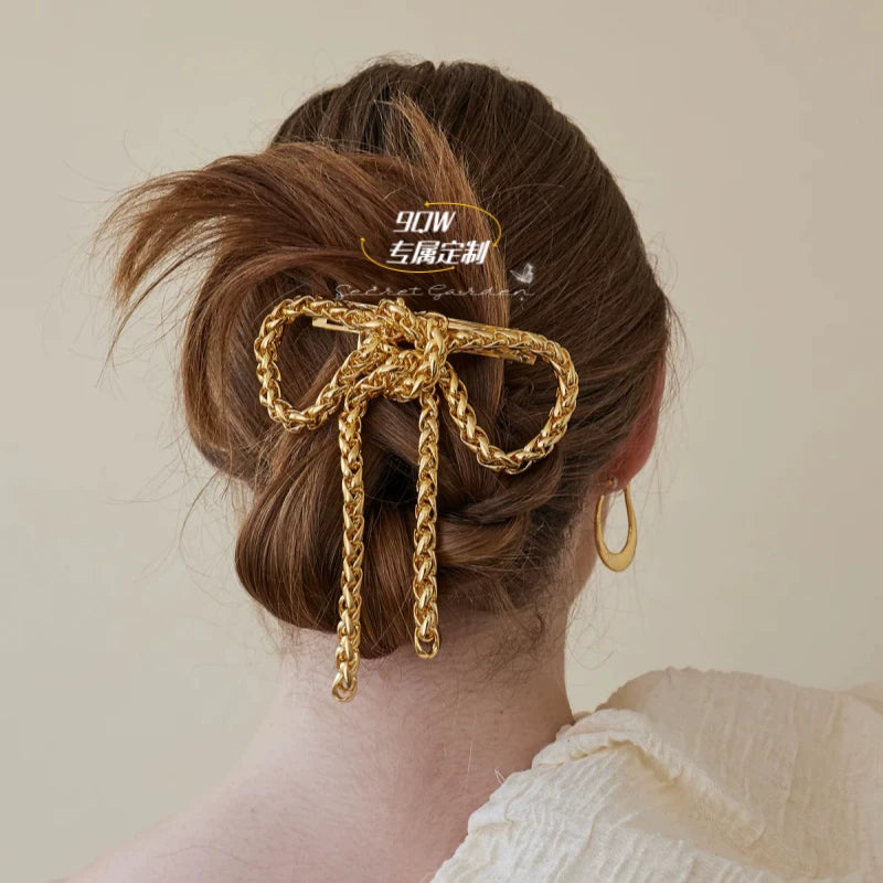 9QW French high-end woven chain bow hairpin elastic clip high-end sense personalized simple hair accessory headwear