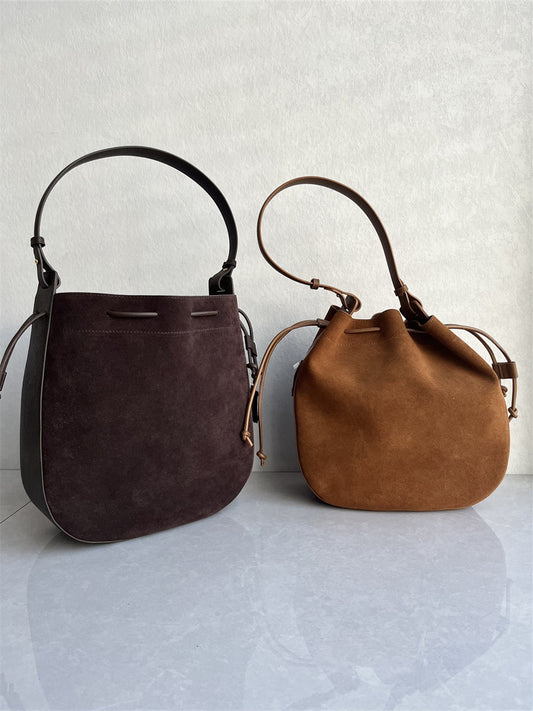Export foreign trade high-quality top-layer nubuck cowhide tote bag inside and outside full leather fashion versatile drawstring shoulder bag