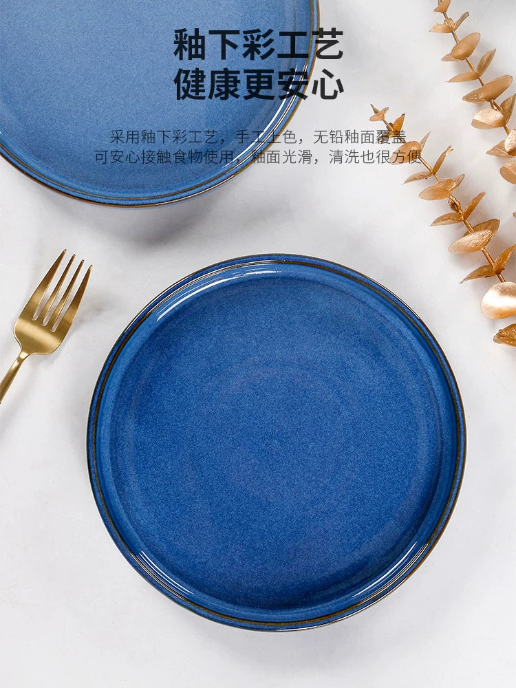 Creative Ceramic Flat Plate Premium Kiln Blue Tray Home Baking Tray INS Style Personality Restaurant Vintage Dinner Plate