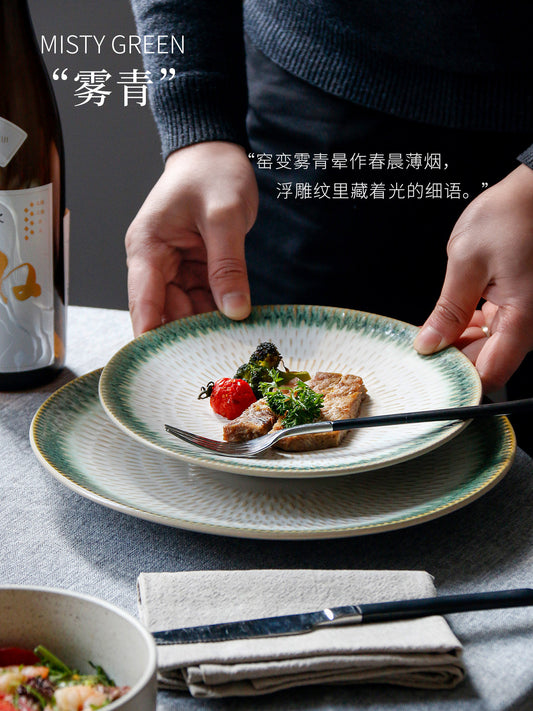 Vintage ceramics, high-value western steak, pasta, dessert plate, creative relief, household round flat plate, fog blue