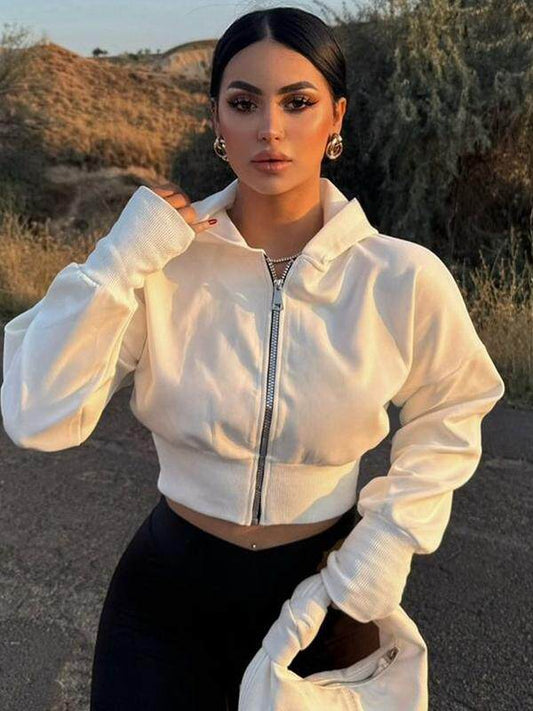 American retro solid color hooded sweatshirt jacket 2026 fall/winter new fleece hot girl short versatile zippered top