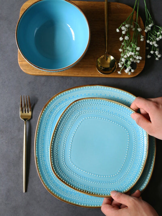 European and American ceramic cutlery plates and bowl sets European style home steak plates, salad bowls, cups, creative embossed dinner plates