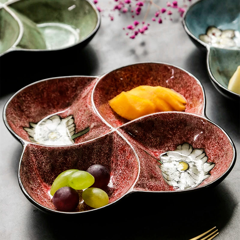 OMK Japanese Ceramic Tableware Compartment Plate Creative Home Four-Compartment Plate Dried Fruit Platter Snack Plate Side Dish Plate