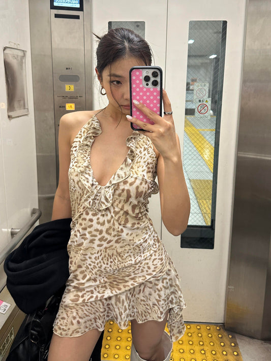 Island resort style leopard print V-neck ruffled irregular sundress hot girl slim sexy backless short skirt