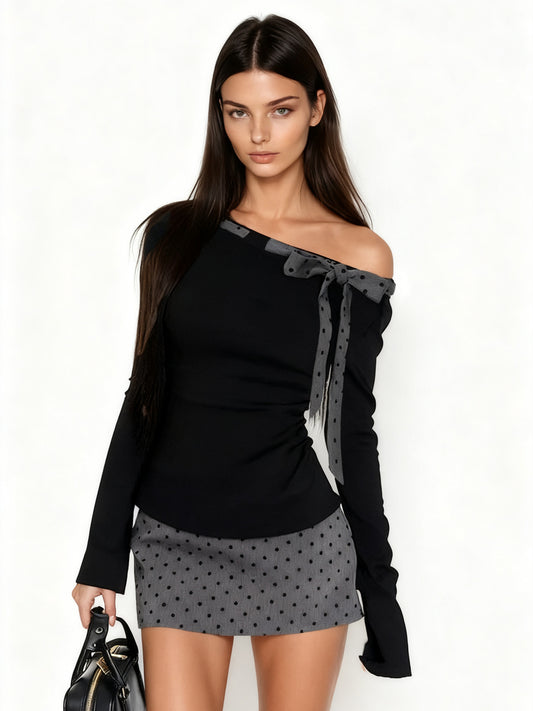 Girl's polka dot bow streamer slanted shoulder long sleeve top + polka dot skirt two-piece hot girl fashion suit trendy