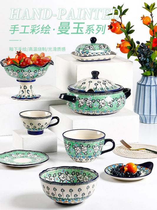 Creative Small Fresh Painted Salad Bowl Ceramic Tall Fruit Bowl Breakfast Cereal Bowl Combo Soup Bowl with Lid