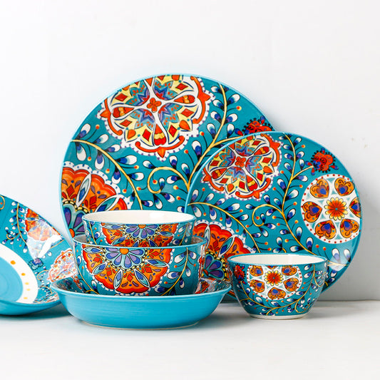 European and American hand-painted flat plates, household ceramic tableware, underglaze colored rice bowls, noodle bowls, salad bowls, fashionable breakfast plates