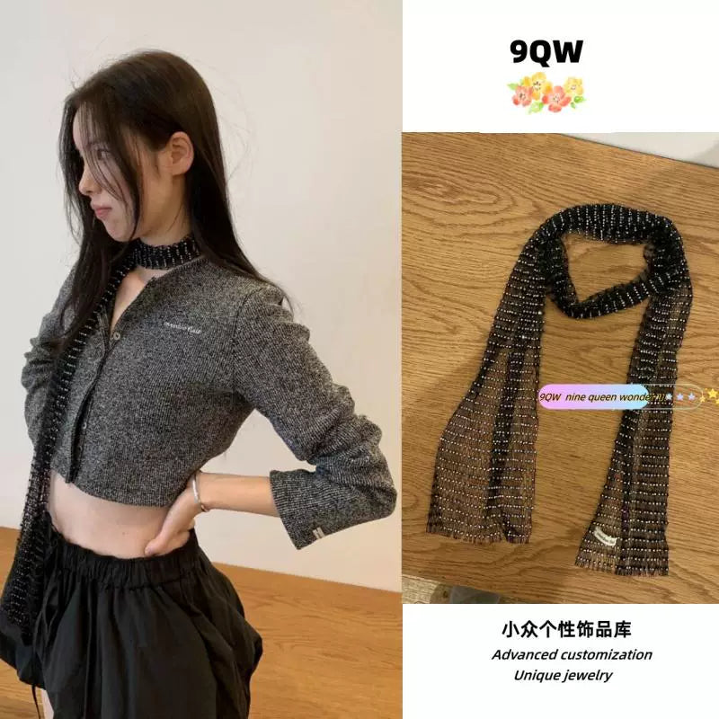 9QW South Korea exported black gemstone long scarf 2025 new niche quality wide scarf with artifact tide