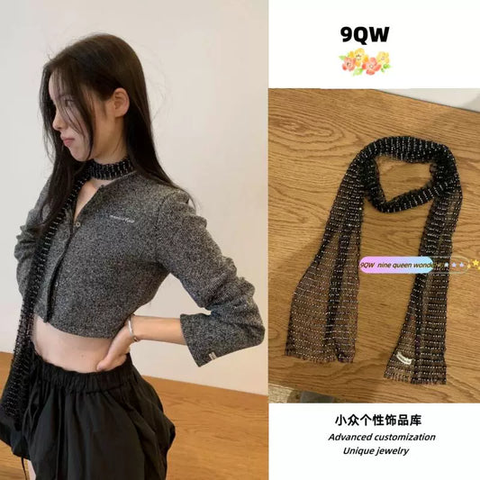 9QW South Korea exported black gemstone long scarf 2025 new niche quality wide scarf with artifact tide