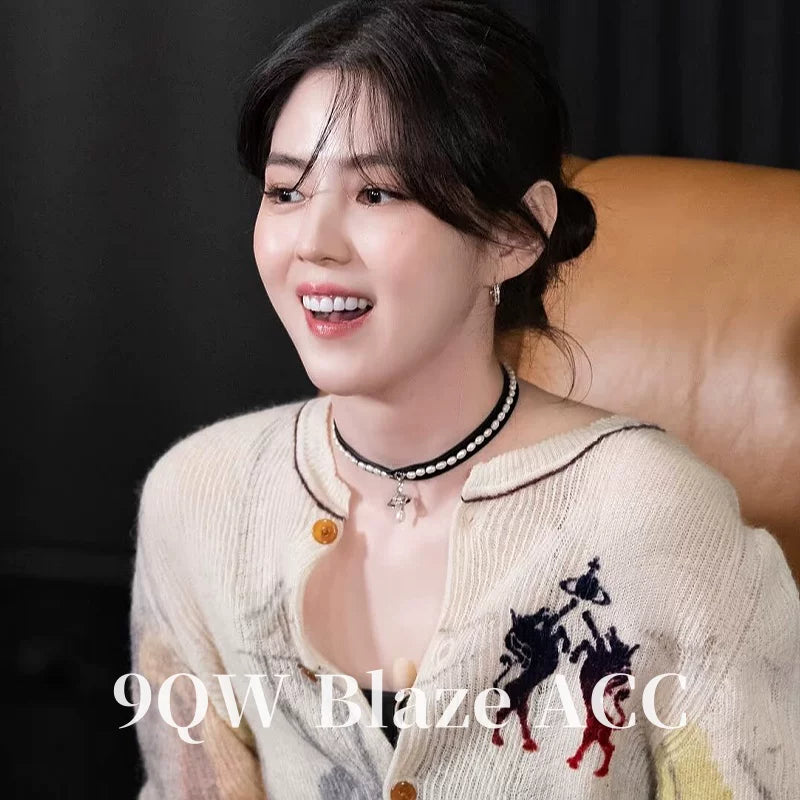 Han So-hee's same light luxury pearl necklace, three-dimensional ribbon, choker, sweet hot girl, collarbone chain, girl group ballet style