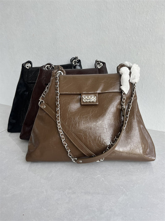 Exported to South Korea New Top Layer Oil Wax Cowhide Tote Bag Fashionable and Versatile High-End Texture One-Shoulder Crossbody Women's Bag