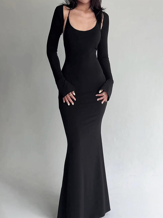 Kardashian halterneck camisole dress + long-sleeved shoulder top two-piece hot girl backless sexy mermaid long skirt