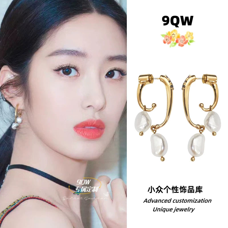 9QW French niche design, light luxury, high-end, natural freshwater pearl earrings, Internet celebrity explosive temperament, earrings, women