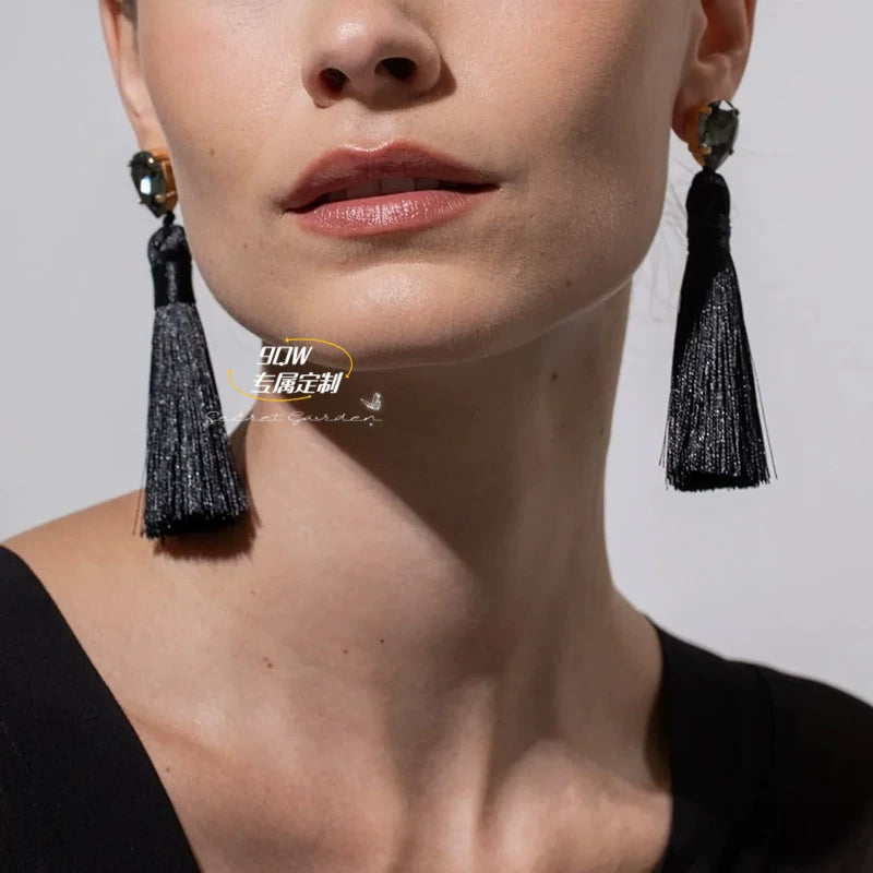 9QW self-made long tassel earrings, light luxury, high-end sense aura, strong high and cold, royal sister style, face and fashionable earrings