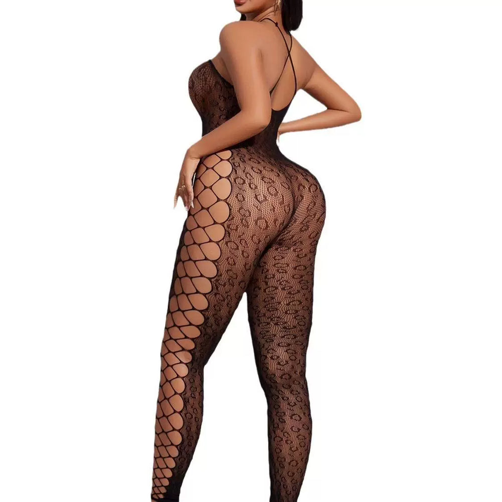 Cocoa witch, European and American pop, see-through, sexy cut-out halterneck, black silk, open back, open crotch, plastic shape, temptation, net clothes