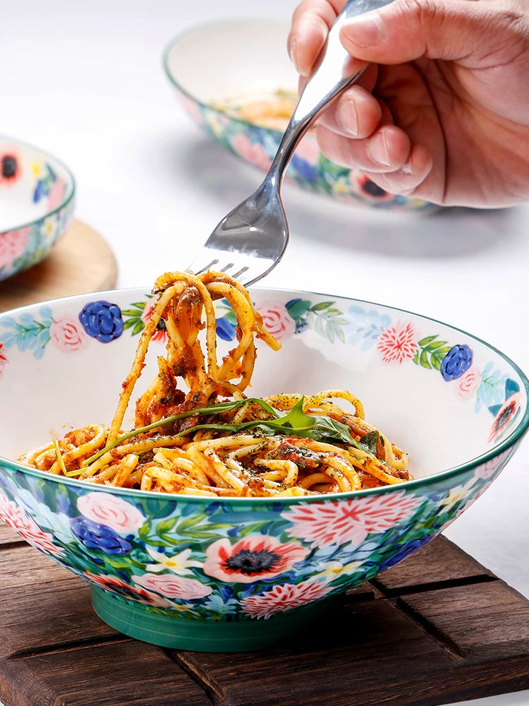 Light luxury retro flower art ceramic bowl household high value 8 inch powder salad bowl ins style tableware