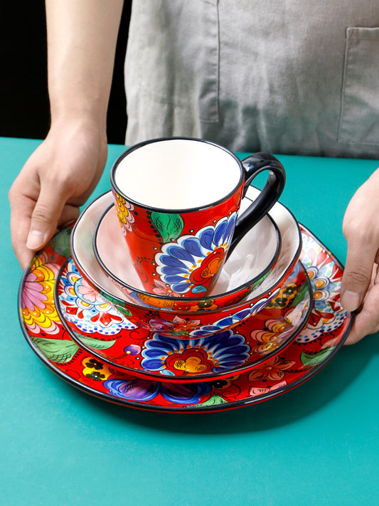 European Creative Ceramic Plate Bowl Set Household Irregular Steak Plate Salad Bowl Western Plate Red Tableware
