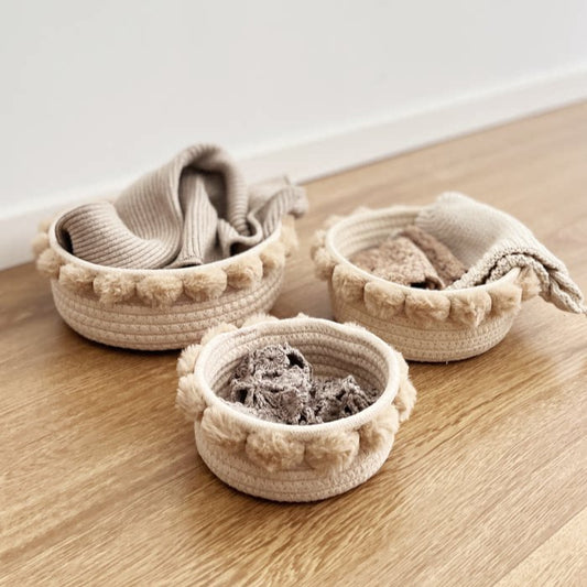 Cute pom-pom storage basket, desktop utility box, remote control, cosmetic storage organizer, woven fabric storage basket