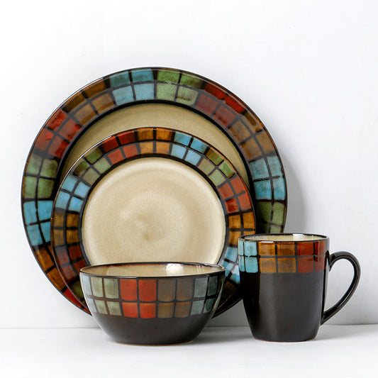American Steak Plate Commercial Underglaze Restaurant Western Plate Round Home Ceramic Dish Plate Retro Lattice Control