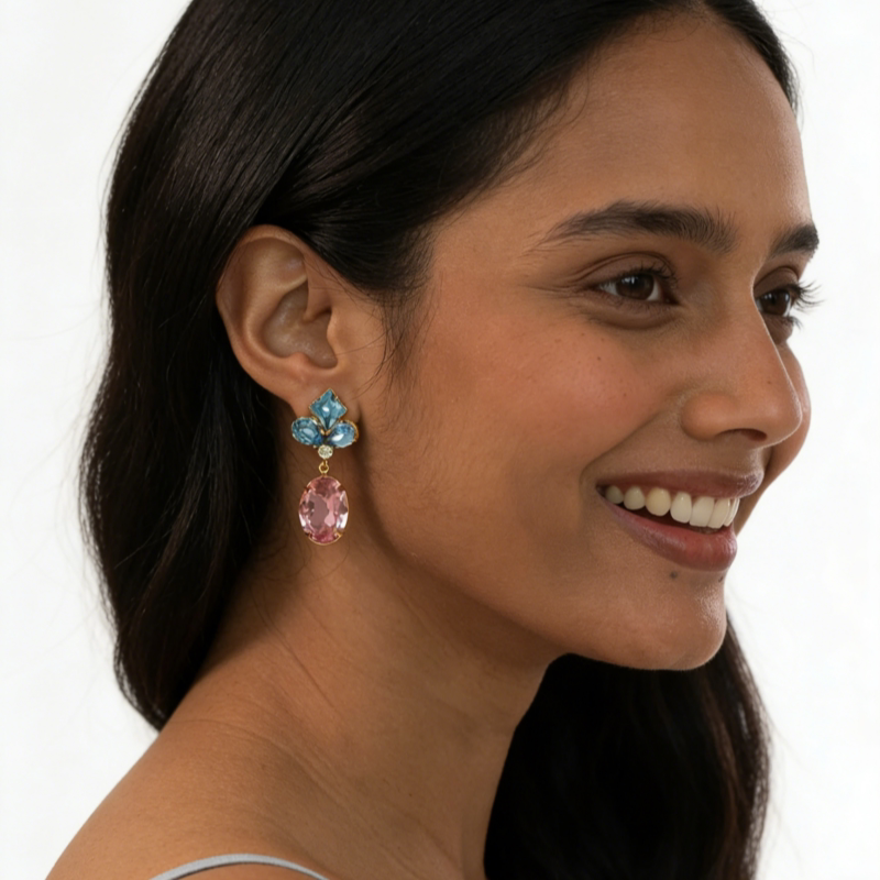 French blue pink contrasting crystal earrings, women's retro light luxury high-end earrings, niche design, face small earrings