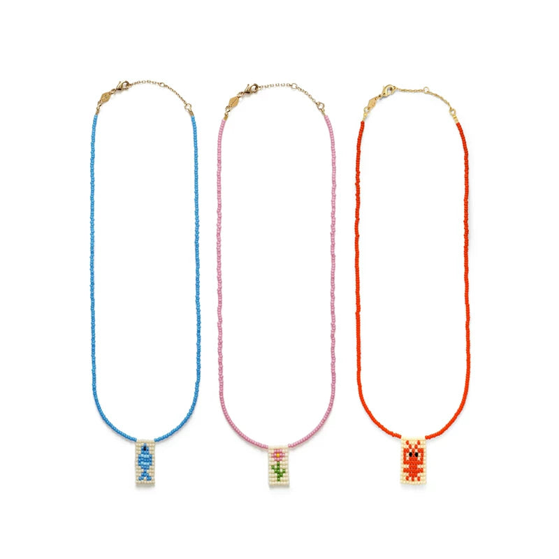 9QW European and American pixel retro style necklace sweet cool trendy play handmade beaded necklace layered versatile collarbone chain necklace