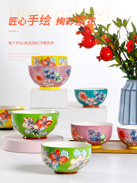 OMK Creative Hand Painted Rice Bowl Home Microwave Underglaze Ceramic Noodle Bowl Hand Embossed 5 Inch Bowl Combo