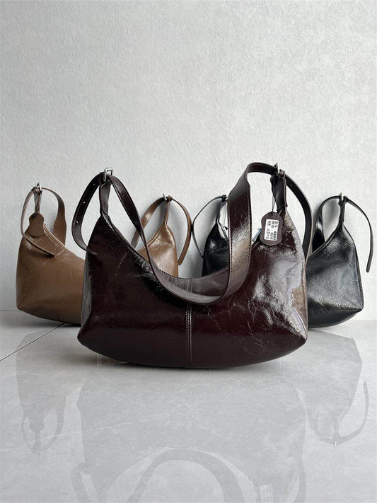 2025 New High Quality Oil Wax Top Layer Cowhide Dumpling Bag Fashionable and Versatile Large Capacity One Shoulder Armpit Bag for Women