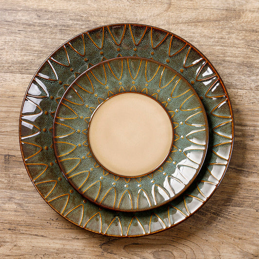 Ceramic plates, creative plates, western plates, home retro steak plates, dark green embossed edges, personality plating