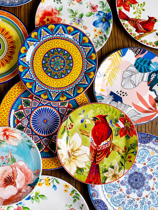Oumeike Creative Ceramic Plate Round Steak Plate Pasta Flat Plate 9 Inch Breakfast Plate Thai Restaurant Dinner Plate