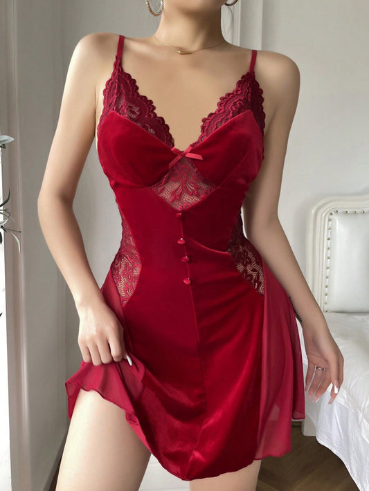Coco Witch Charming Hot Seduction Night Sultry Suspenders Velvet Panels Lace Red Sexy Dress Nightdress