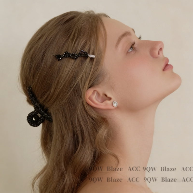 Black crystal wave beaded hairpin niche high-end ins style side clip cool feeling broken hair bang clip clip