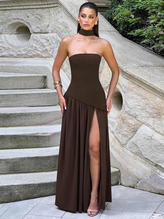 Solid color temperament bandeau slit dress 2026 summer new hot girl sexy open back elegant streamer long skirt girl