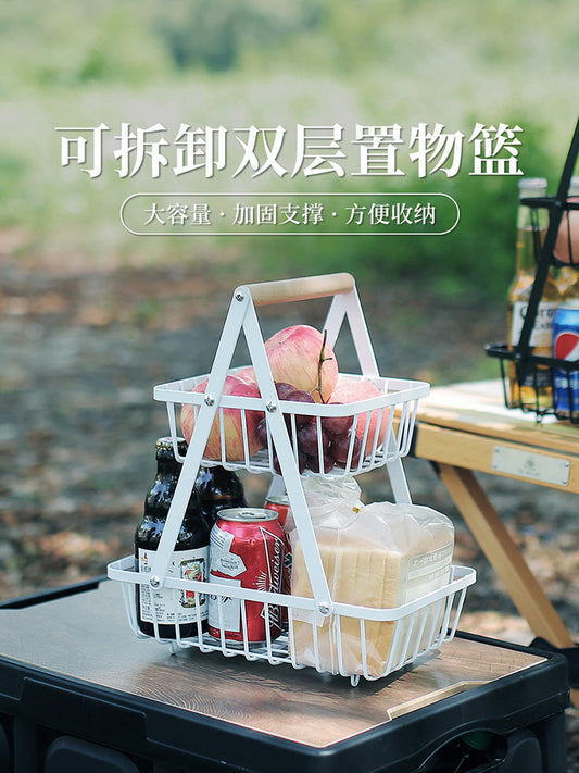 Outdoor double layer fruit basket detachable metal storage rack camping carry basket desktop storage rack drain basket