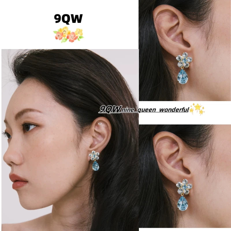 9QW self-made light luxury style spring and summer color contrast with crystal plum blossom pendant earrings women's high-end earrings